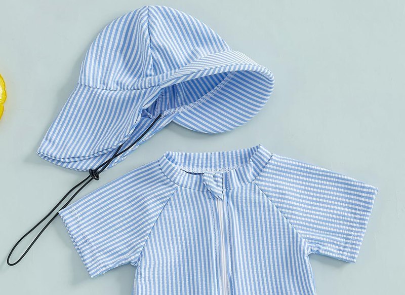 Baby Boy Seersucker Sunsuit with Sun Hat — Blue Stripe