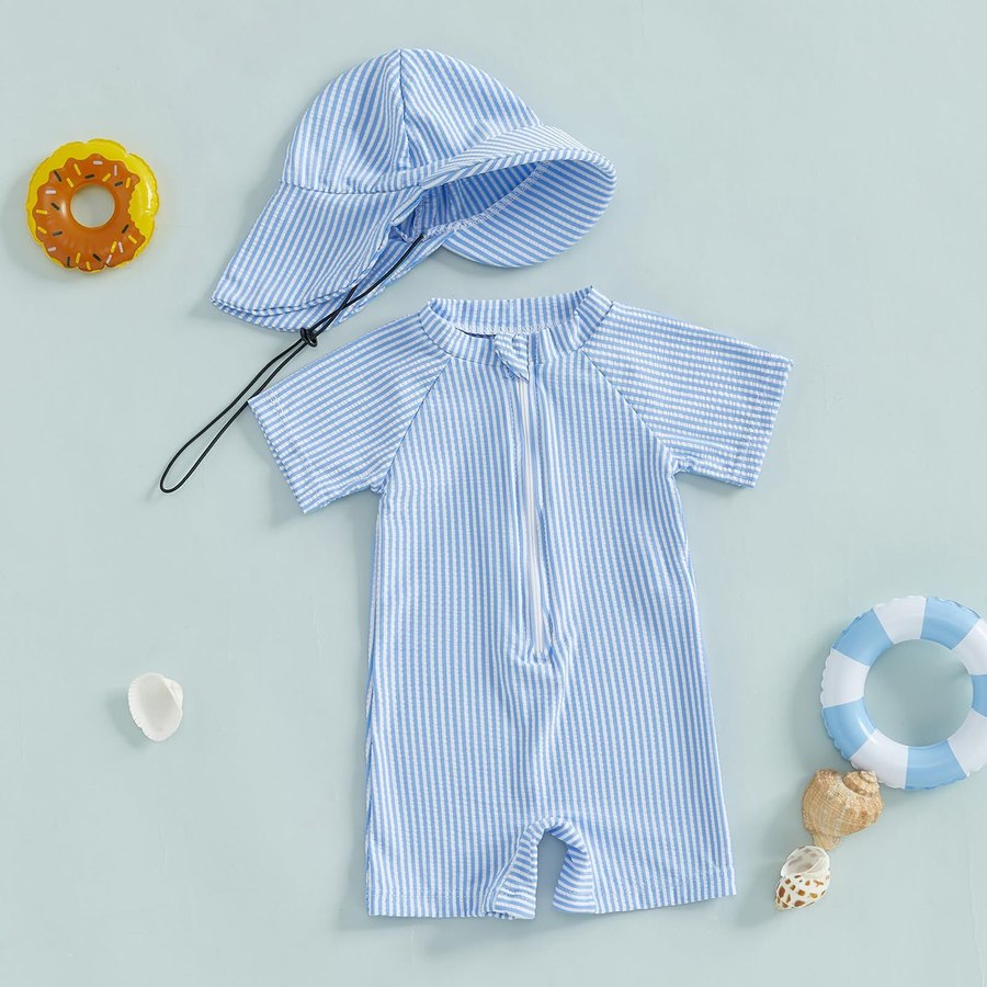 Baby Boy Seersucker Sunsuit with Sun Hat — Blue Stripe