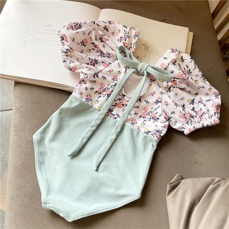 Baby Girl Puff-Sleeve Swimsuit — Mint & Ditsy Floral