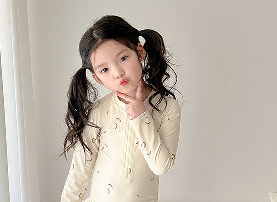 Baby Long-Sleeve Swimsuit — Cream Moon Print