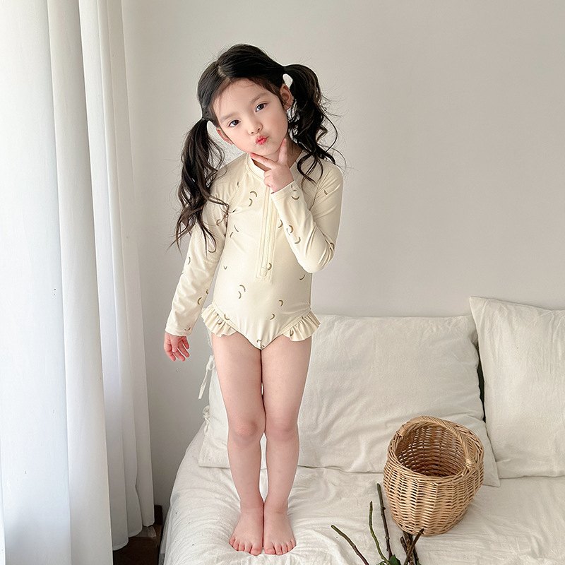Baby Long-Sleeve Swimsuit — Cream Moon Print