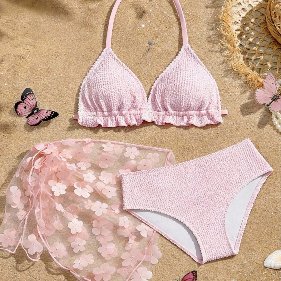 Girls' Ribbed Bikini Set with Floral Sarong — Pink