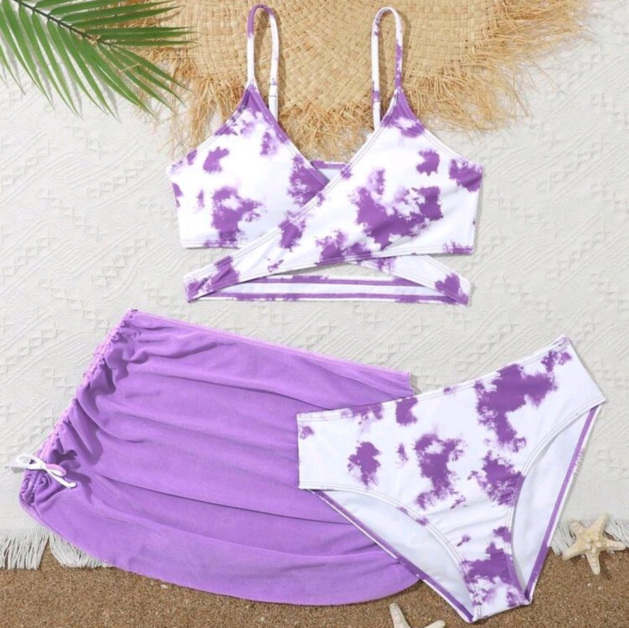 Girls' Tie-Dye Bikini Set with Wrap Skirt — Purple