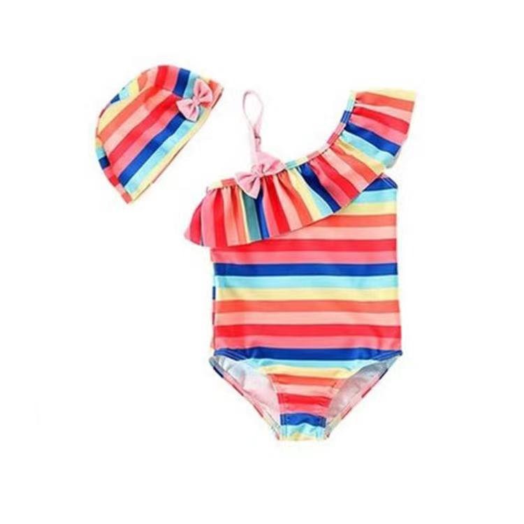 Girls' One-Shoulder Stripe One-Piece with Swim Cap