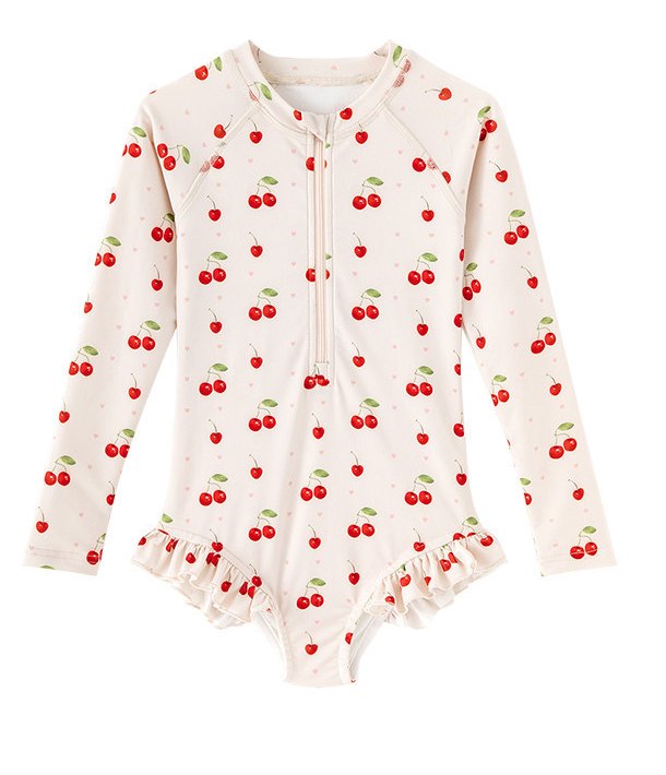 Girls' Long-Sleeve Zip One-Piece — Cherry Print